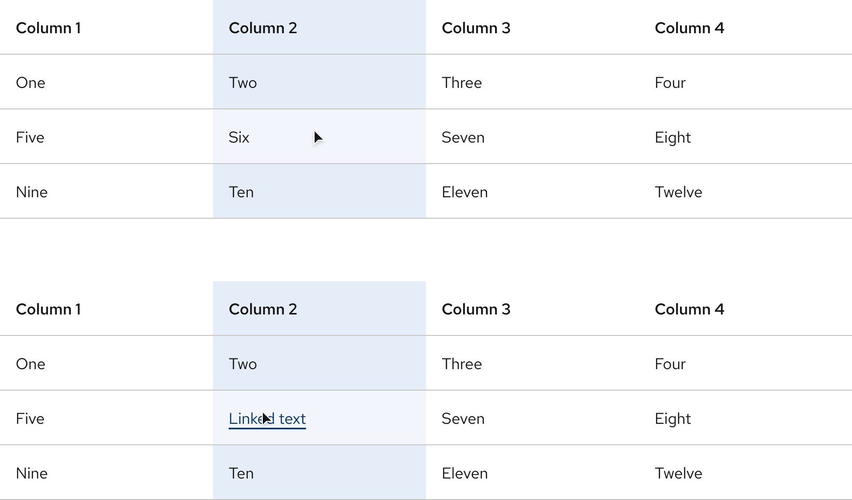 Light scheme tables with hover effects on a light gray surface